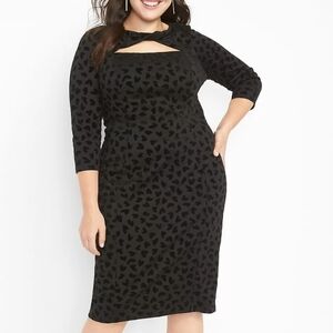 NEW! LANE BRYANT Black Twist Neck Heart Flocked Bodycon Dress 22.